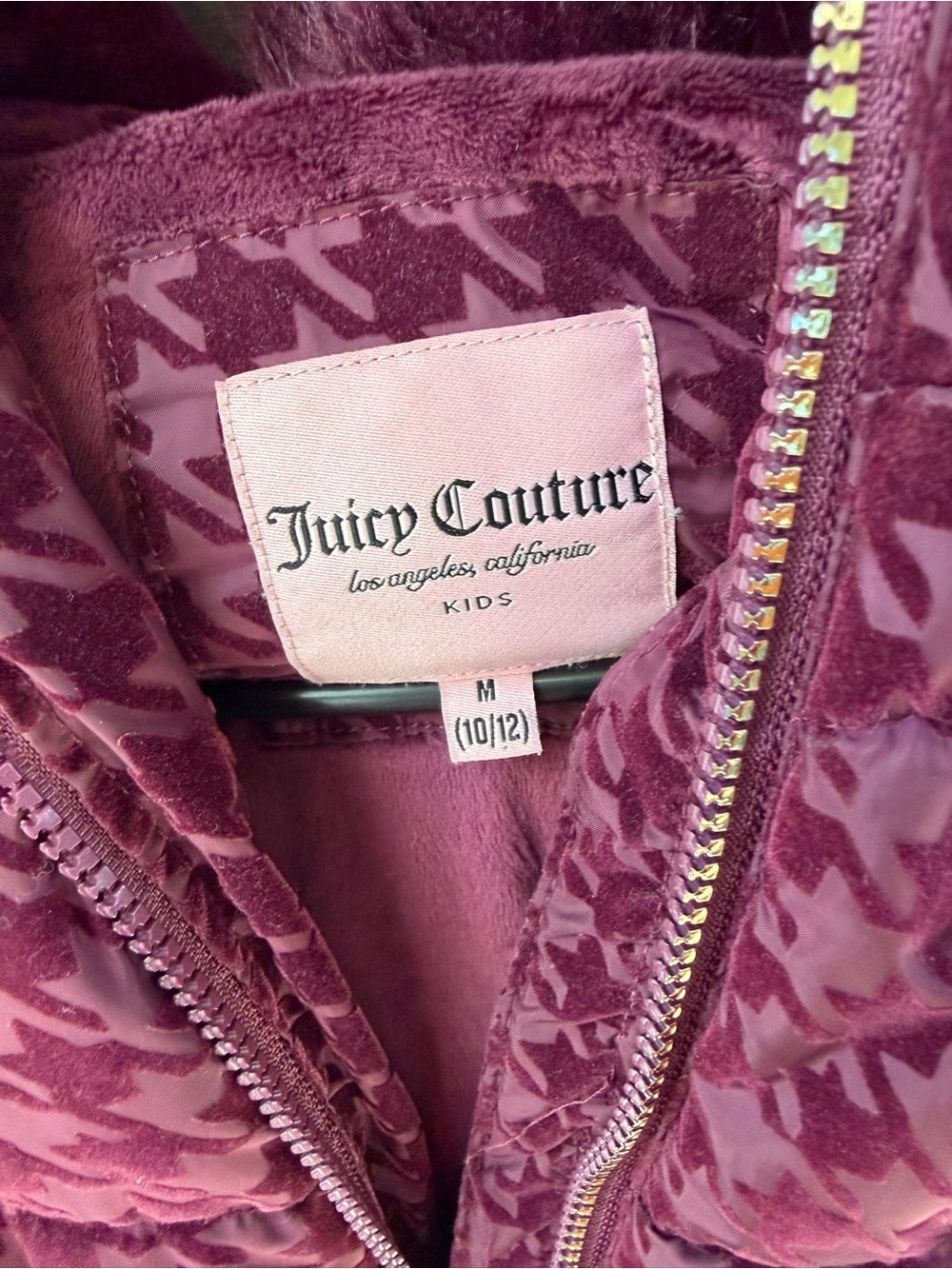 Girl's Burgundy Houndstooth Puffer Jacket with Faux Fur Trim | Size 10/12 - Picture 6 of 10
